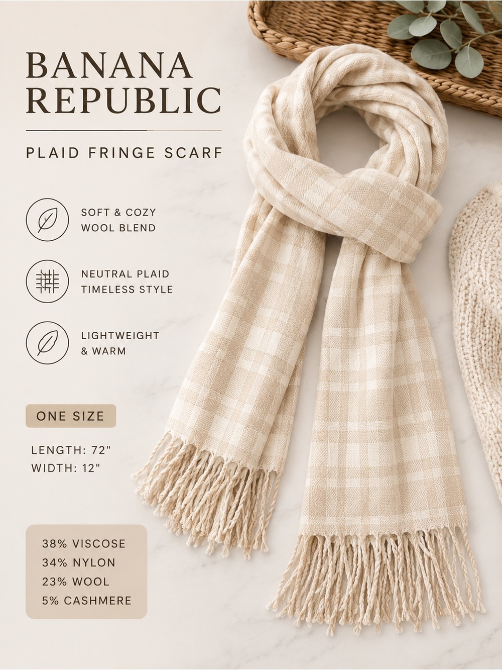 Banana Republic Wool Blend Plaid Fringe Scarf Wrap One Size